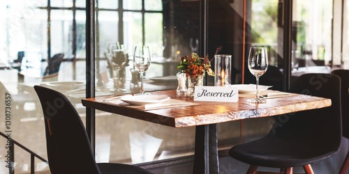 Foto Cozy restaurant table with 'Reserved' sign, elegant glassware, and soft lighting