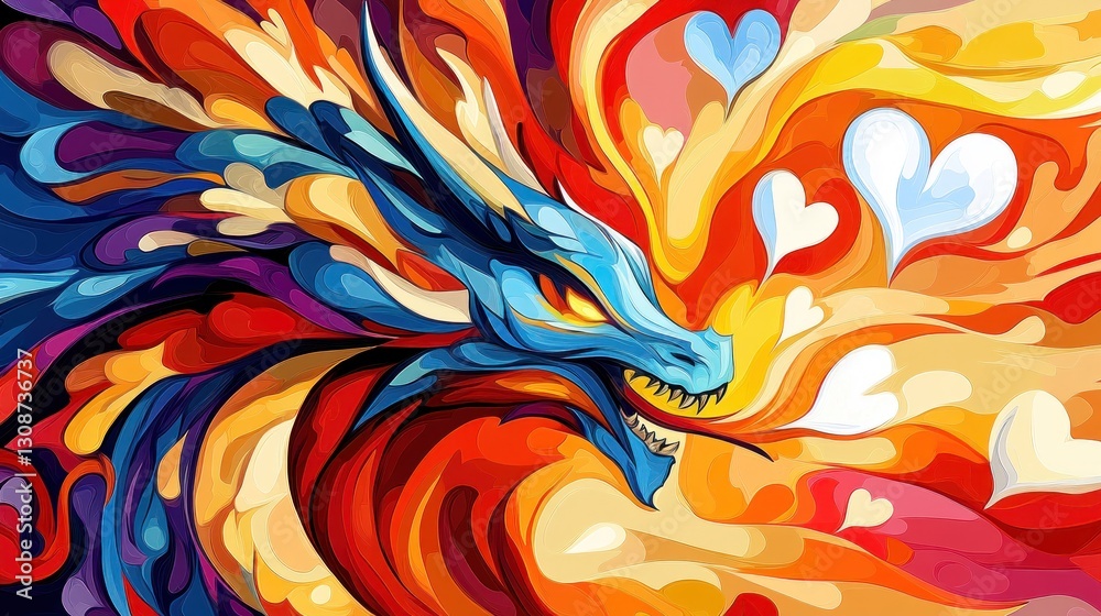 Obraz premium Colorful artistic depiction of a dragon with heart shaped forms