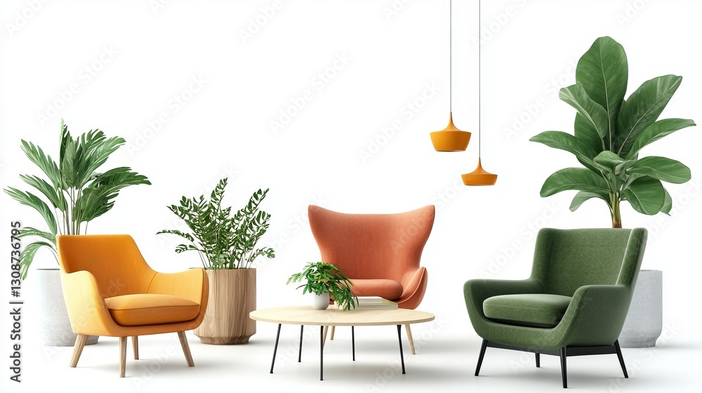 A set of stylish armchairs, tables, houseplants, and floor lamps is displayed against a white background, perfect for interior design inspiration A set of stylish armchairs, tables, houseplants, and floor lamps is displayed against a white background, perfect for interior design inspiration