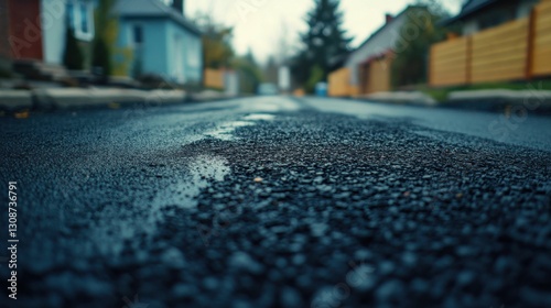 Asphalt Overlay: Selective Focus on Paving an Aggregate Layer on a Residential Street photo