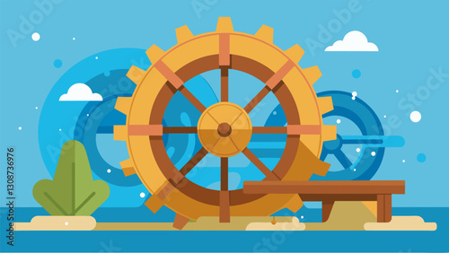 With each turn of the waterwheel the gentle splash of water and the creaking of the wooden gears created a symphony of sound.. Vector illustration