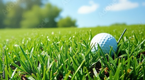 Golf Ball on Green Grass: Scenic Golf Course Landscape for Outdoor Sport and Recreation