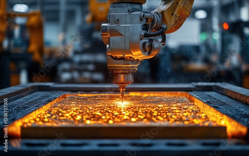 Industrial robot precisely molds molten metal, a mesmerizing display of automated manufacturing prowess. Sparks fly, showcasing technological precision. photo