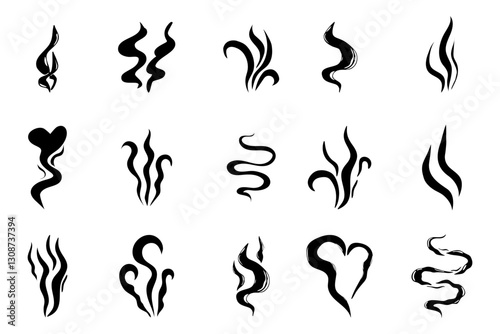 Steam smoke hand drawn line comic doodle. Aroma trail, cloud or wind silhouette. Smells hot air fragrance evaporate set. 
