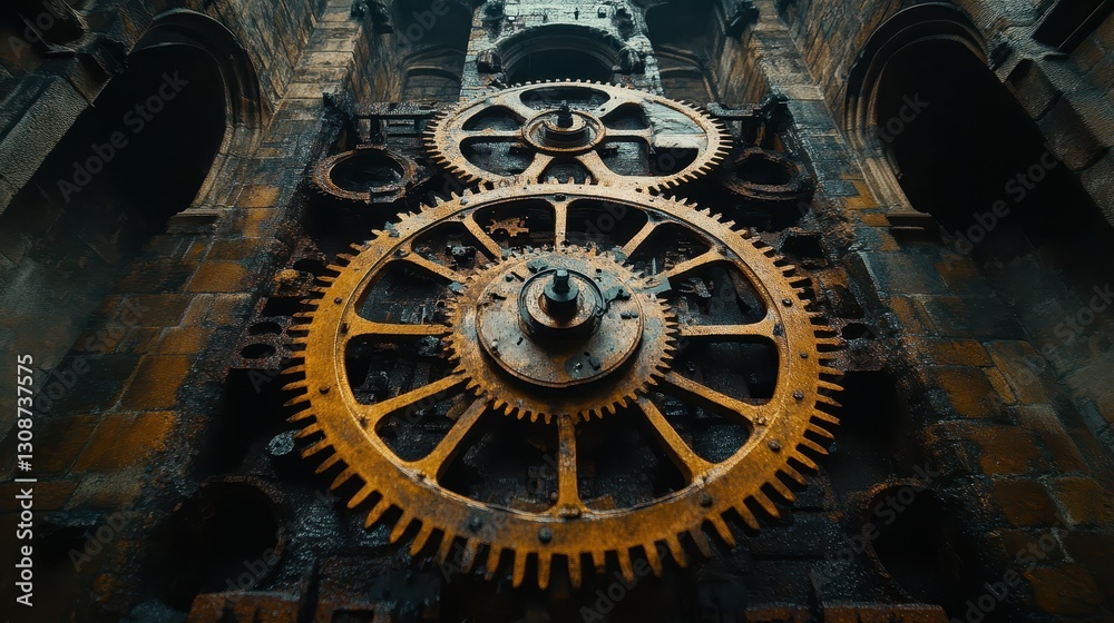 Obraz premium A well-oiled gear system in an ancient clock tower.