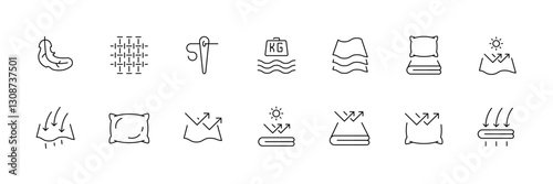 Linear flat icons set of bedding and textile elements for comfort and weaving.