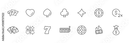 Casino gambling icons set in linear flat style - vector symbols including cards, chips, and slot machine.