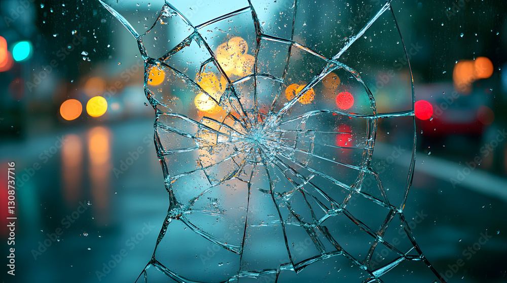 Shattered Reflections: A close-up view of a shattered windshield reveals a web of cracks, with blurred city lights visible through the broken glass, representing fragility and disruption