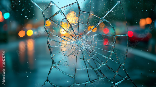 Obraz na płótnie Shattered Reflections: A close-up view of a shattered windshield reveals a web of cracks, with blurred city lights visible through the broken glass, representing fragility and disruption w salonie
