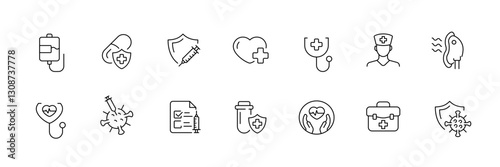 Linear flat medical icons set including syringe, pill, doctor, stethoscope, and virus protection.