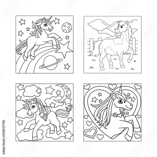 Wallpaper Mural Pink unicorns coloring book with adorable fantasy creatures and whimsical designs for kids. Torontodigital.ca