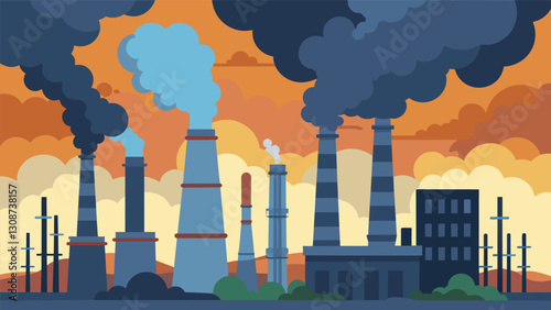 Thick plumes of smoke rising from towering smokestacks at a tar sands refinery polluting the air and surrounding environment.. Vector illustration