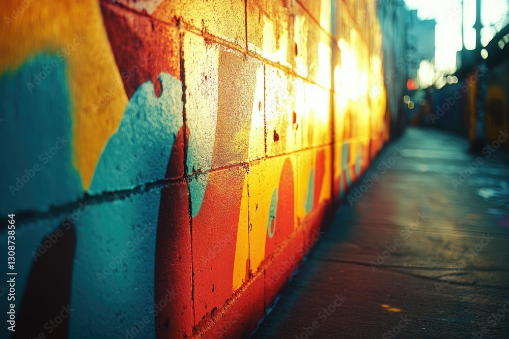 Fototapeta premium Vibrant graffiti art adorns a brick wall, bathed in warm sunset light, creating a striking urban scene.