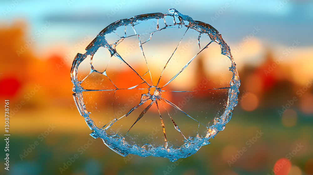 Fractured Perspective: A shattered pane of glass, with intricate cracks radiating outward, offers a distorted view of the outside world, reflecting the colors of a sunrise or sunset