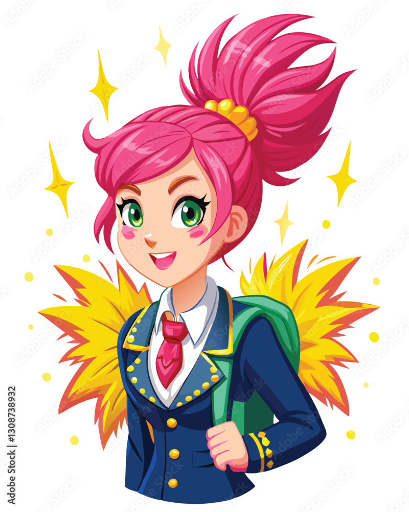 A charming girl with vibrant pink hair styled in a playful, voluminous updo, adorned with gold accessories. A charming girl with vibrant pink hair styled in a playful, voluminous updo, adorned with gold accessories.