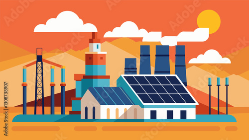 The sleek modern design of a solar farm stands in direct contrast to the utilitarian industrial look of a fossil fuel plant showcasing the difference. Vector illustration