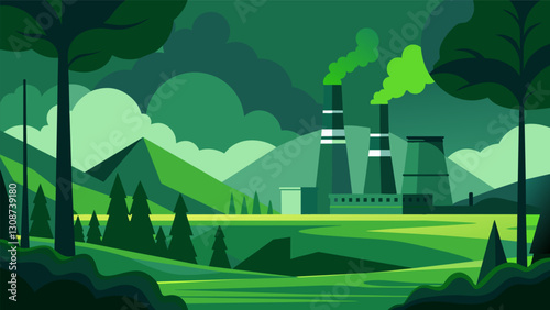 The stark contrast between the lush green landscape and the dark industrial power plant looming over it.. Vector illustration