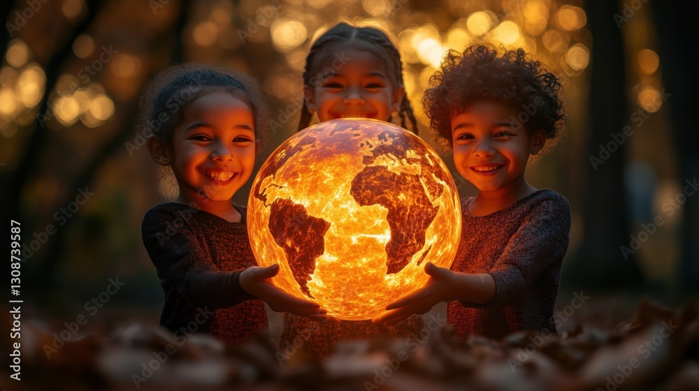 Naklejka premium Children holding a glowing earth globe among autumn leaves during sunset in a playful and imaginative atmosphere
