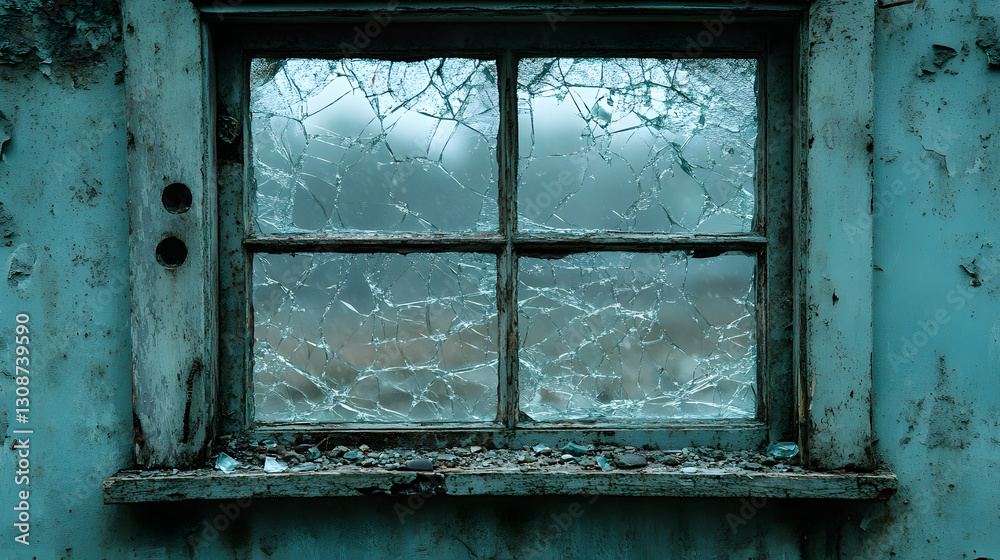 Shattered Window's Grim Vista: An old, weathered window, its panes shattered, gazes out onto a bleak, overcast landscape, evoking a sense of abandonment and decay.