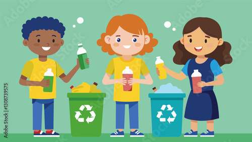 Students eagerly placing plastic bottles paper scraps and aluminum cans into designated recycling bins smiling proudly as they make a positive. Vector illustration