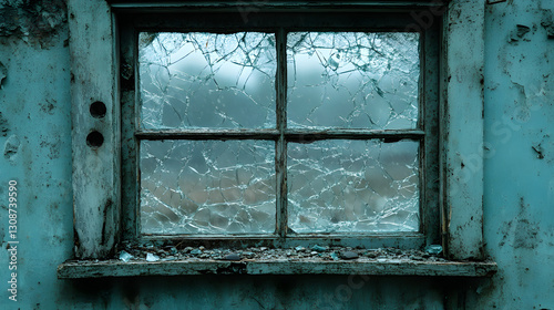 Obraz na płótnie Shattered Window's Grim Vista: An old, weathered window, its panes shattered, gazes out onto a bleak, overcast landscape, evoking a sense of abandonment and decay. w salonie