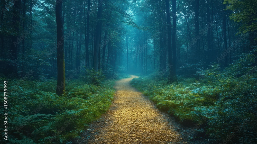 Fototapeta premium Misty forest path at twilight with ferns, ethereal light