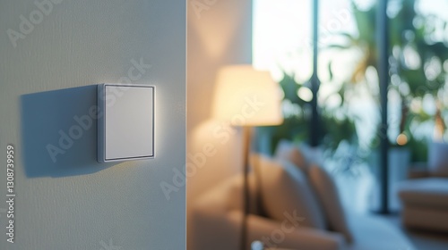 A sleek, white modern light switch is mounted on a white wall, blending seamlessly with a contemporary living room interior