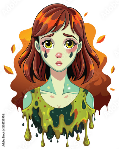 A young woman with shoulder-length brown hair, her face obscured, visibly dripping with a thick, orange, pus-like substance.  Focus on the texture and disturbing realism.