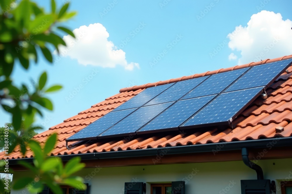 Fototapeta premium Solar panel array being affixed to residential roof, power, tools