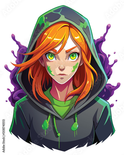 A photorealistic portrait of a young woman with vibrant orange hair heavily encrusted with glittering gold, showcasing intricate detail and texture.