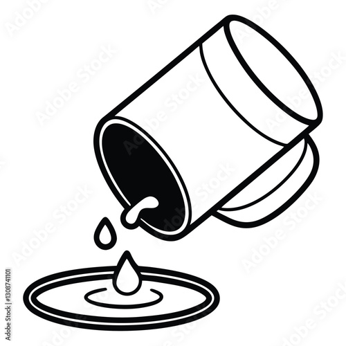 clean, minimalistic black and white line art illustration of a tilted cylindrical container pouring a thick 