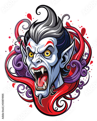 A horrifyingly grotesque vampire face, pale and decaying, with long, sharp fangs piercing a heart.  High detail, dark and dramatic lighting.