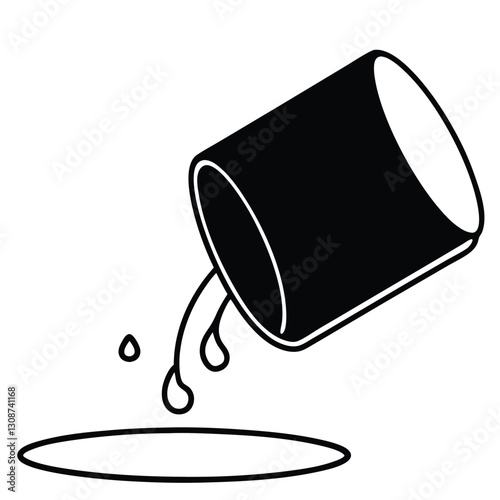clean, minimalistic black and white line art illustration of a tilted cylindrical container pouring a thick 
