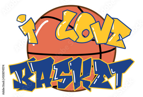 I Love basket - golden yellow and blue with basketball ball, sport vector graphics for street art - graffiti lettering typography - art illustration - multicolor - writen Word -		