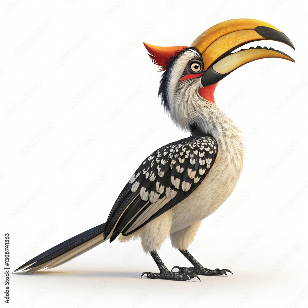 Obraz premium Vibrant Southern Yellow billed Hornbill Bird 3D Render Detailed Feathers White Background