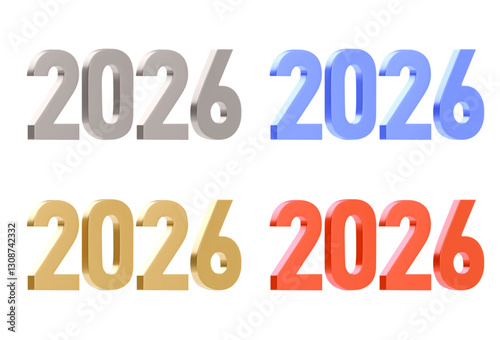 Set of 3D elegant and modern numbers 2026. A variation of different colors. Easy to recolor using blending modes. New Year decorative element. Vector illustration isolated on white background