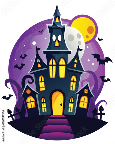 Silhouette of a spooky haunted house at night, glowing eyes peering from darkened windows, ominous atmosphere.