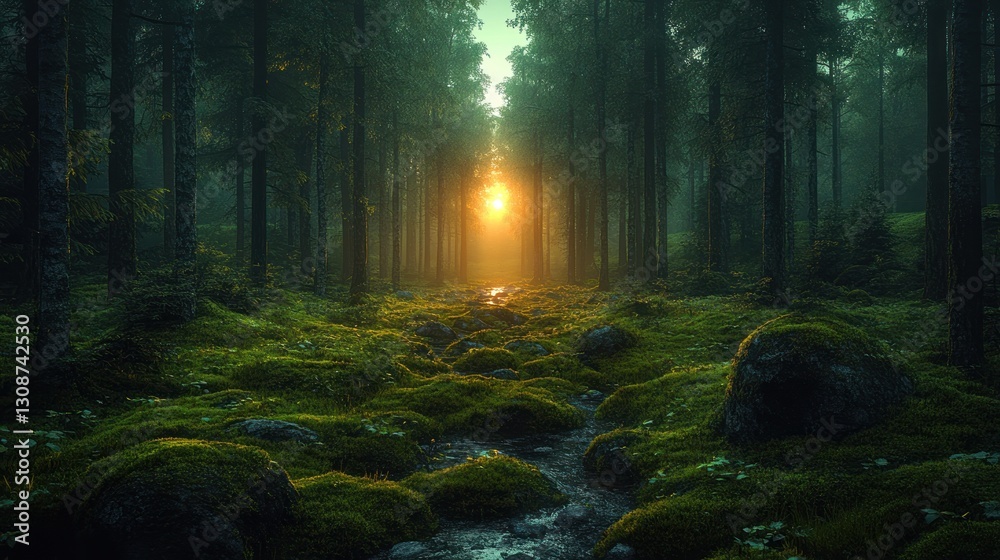 Fototapeta premium Sunrise illuminating mossy forest path with misty background