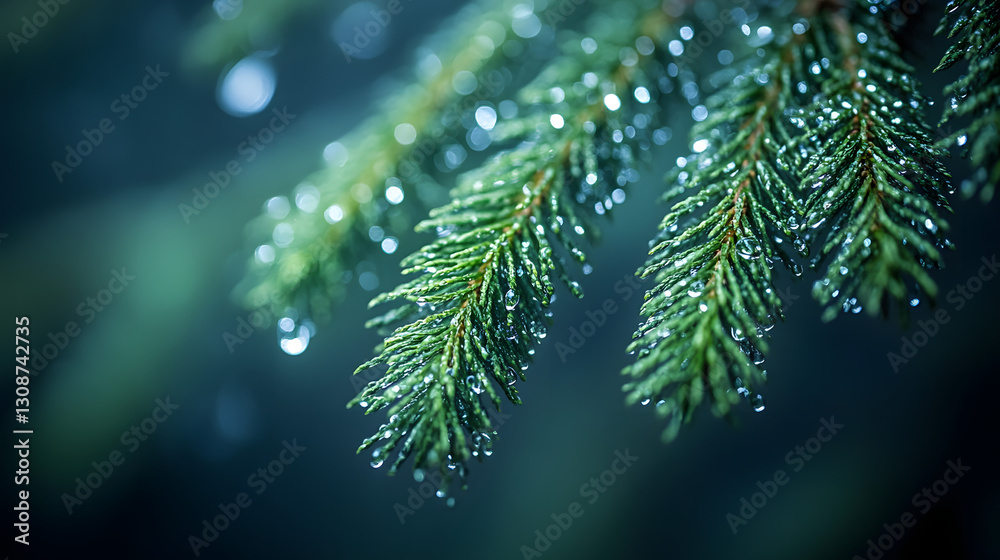 Evergreen Dewdrops: A close-up captures the delicate beauty of an evergreen branch glistening with dewdrops. The needles, vibrant green, are adorned with tiny water droplets. Evergreen Dewdrops: A close-up captures the delicate beauty of an evergreen branch glistening with dewdrops. The needles, vibrant green, are adorned with tiny water droplets.
