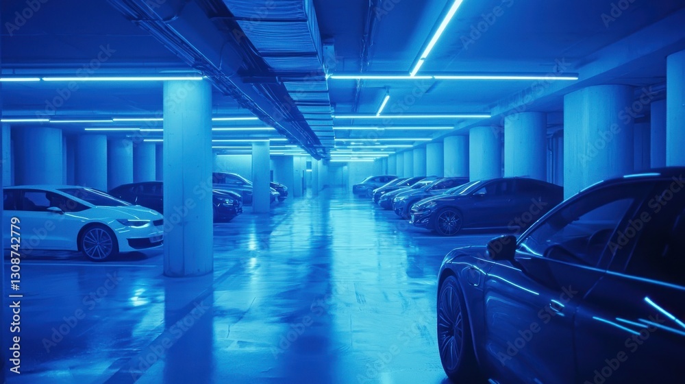 Obraz premium Modern underground parking garage with electric cars.
