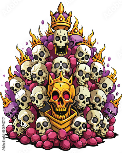 A macabre throne meticulously constructed from countless miniature skulls, forming a grotesque, towering structure.