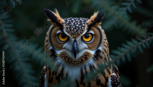Close-up of owl with striking orange eyes, surrounded by green foliage. The owl's intense gaze and detailed plumage make it perfect for wildlife, nature, and educational content.