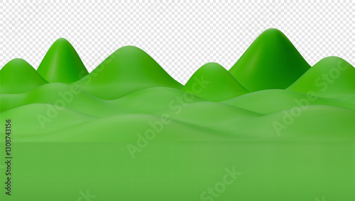 3D green field with mountains and hills. Vector background with nature spring landscape.