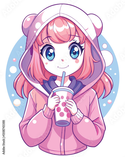 A kawaii anime girl with large, sparkling eyes, wearing a pink bunny-eared hoodie, joyful expression.