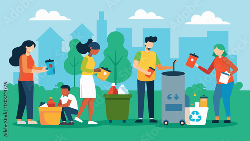 Residents collecting and properly disposing of hazardous materials like batteries and electronics during the neighborhoods recycling event on Cleanup. Vector illustration