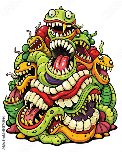 A macabre close-up of a decaying pile of human teeth infested with worms, forming a grotesque wide smile.  The image is unsettling and surreal.