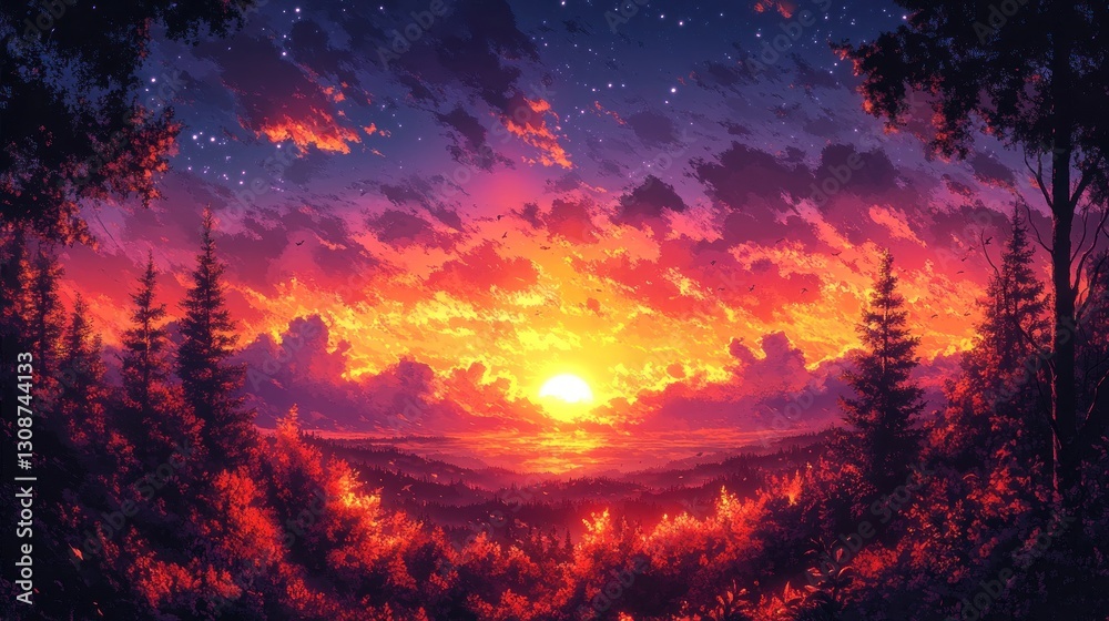 Obraz premium Forest sunset over valley with vibrant sky and starry night