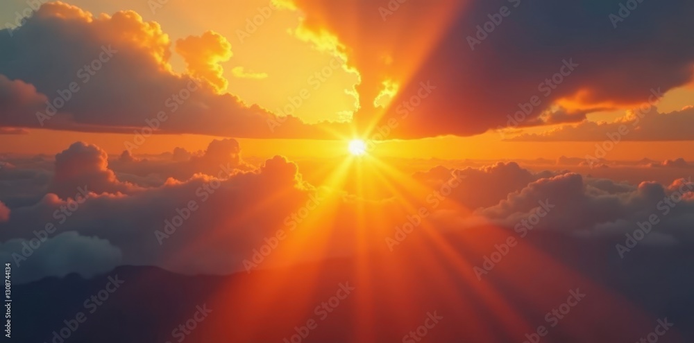 Fototapeta premium Sunbeams pierce vibrant orange cloudscape, intense light , glow, illumination