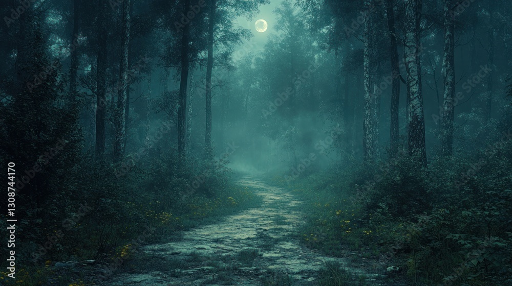 Obraz premium Misty moonlit forest path
