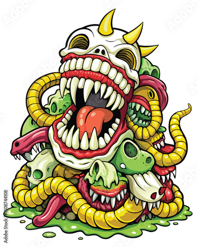 A close-up shot of a grotesque pile of decayed human teeth infested with worms, arranged to form a wide, unsettling smile.  Image I.